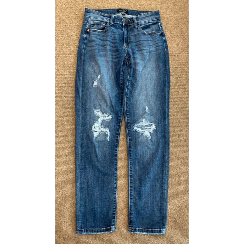 Judy Blue Jeans Womens 5/27 Boyfriend Distresed Stretch Whiskered Relaxed Denim
